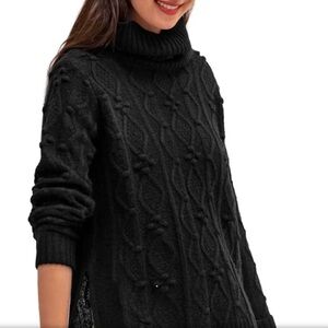 Gretchen Scott Knot Enough Turtleneck Sweater Dark Gray M Aran Pattern Bobble